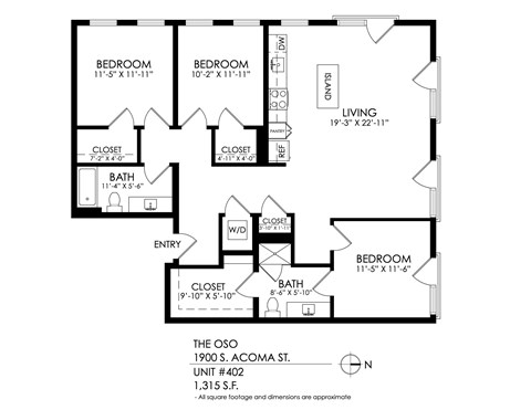 A black and white image of a floor plan for a two bedroom apartment.